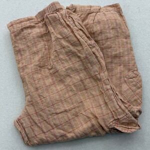 FLAX 100% Linen Plaid Cropped Pants Women's M Medium Orange Pink Elastic Waist